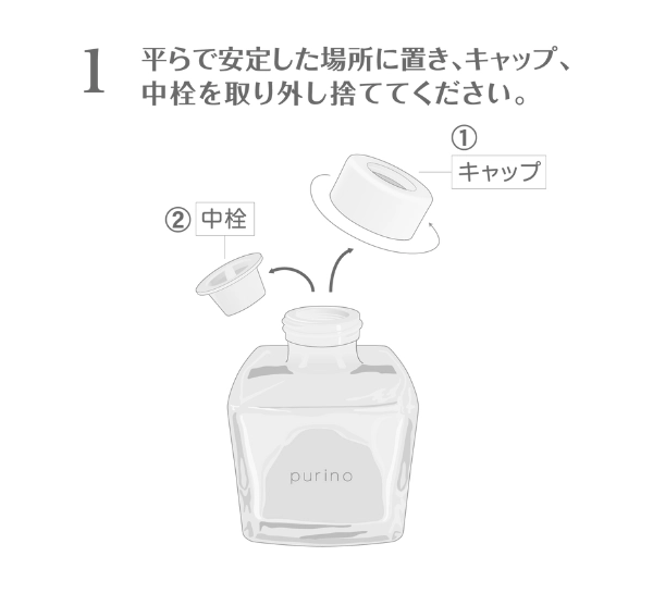 平らで安定した場所に置き、キャップ、中栓を取り外し捨ててください